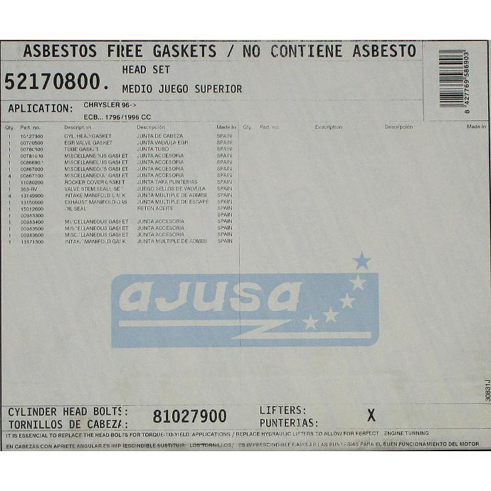 1996-> Chrysler ECB... 1796 / 14996 CC Engine Cylinder Head Gasket Compatible With : 1994-1997 Chrysler Cirrus, 1994-1999  Dodge Neon L4, 2.0L / 122 SOHC 16 Valves