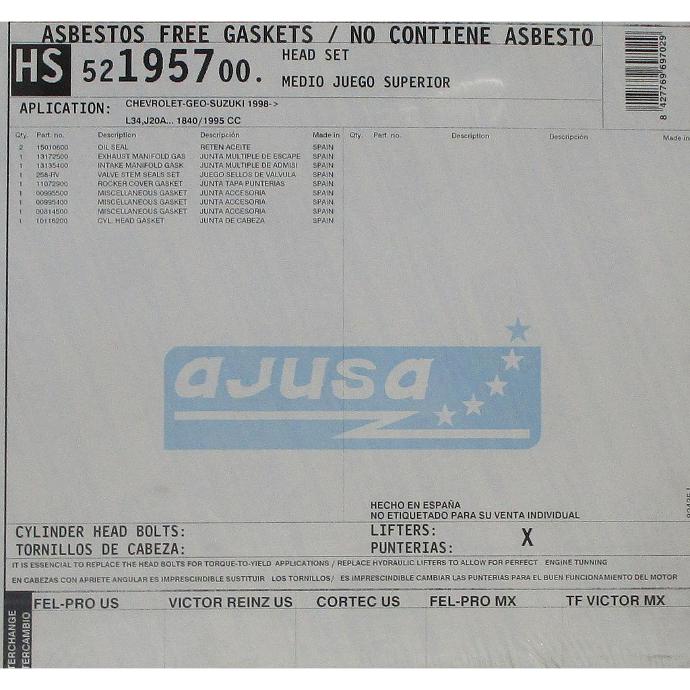 1998-> Chevrolet - Geo - Suzuki L34, J20A... 1840/1995 CC Engine Cylinder Head Gasket Compartible With : 1996-1998 Suzuki Sidekick L4, 1.8L / 1840 DOHC 16 Valve, 2207-2009 SX4 L4, 2.0L / 1995 DOHC 16 Valve