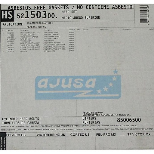 [AJUSA52150300HS] Asia Motors-Kia 1995-> FE,FE - DI... 1998 CC Engine Cylinde Head Set Compaible With : 1995-2002 Kia Sportage L4, 2.0L / 122 DOHC 16 Valve