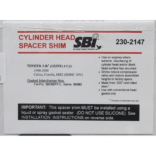 [230-2147SBI] Cylinder Haed Spacer Shim compatible With : 1998 Toyota Corolla, 2003-2207 Matrix L4, 1.8L / 1794c.c., DOHC 16 Valve, 2000-2004 Celica L4, 1.8L / 1794c.c., DOHC 16 Valve