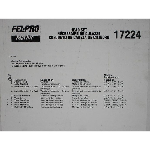 [17224FP] Cylinder Head Gasket Compatible With : Marine CCM V8 305CI 5.0L Chevrolet; CRM V8 305CI 5.0L Chevrolet; FLM V8 305CI 5.0L Chevrolet; GMM V8 305CI 5.0L See Picrures For Other Applications.