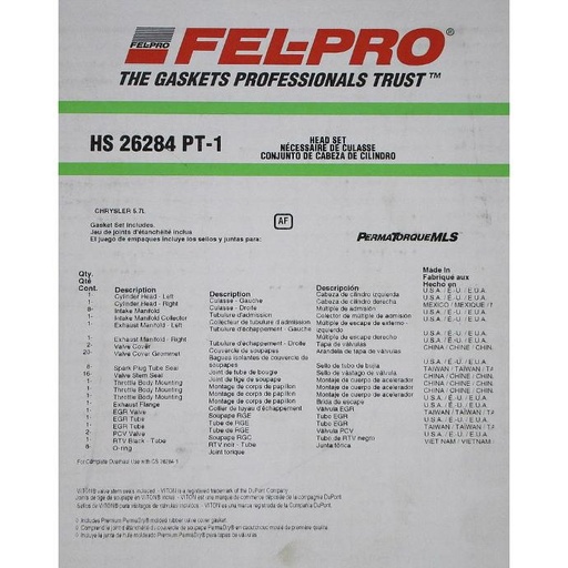 [HS26284PT1] Head Gasket Compatible with : 2005-2008 Chrysler 300 V8, 5.7L 345cid, OHV 16 Valve / 2007-2008 Aspen V8, 5.7L 345cid / 2005-2008 Jeep Cherokee V8, 5.7L 345cid - 2004-2008 Dodge Durango V8, 5.7L 345cid / 2005-2008 Magnum V8, 5.7L 345cid / 2003-2008 Dodge Ram 1500 V8, 5.7L 345cid