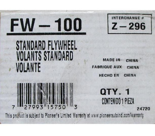 [FW-100] Pioneer Clutch Flywheel FW-100 Compatible With : Chevrolet K20 L6, 4.1L 250cid / V8, 5.7L 350cid / V8, 5.0L 305cid ( Teeth 168 Inches, Outer Diameter 14.13'', 11.00'' Clutch, Ctr Hole 2.467'', Fly wheel Pitch 14-12 )