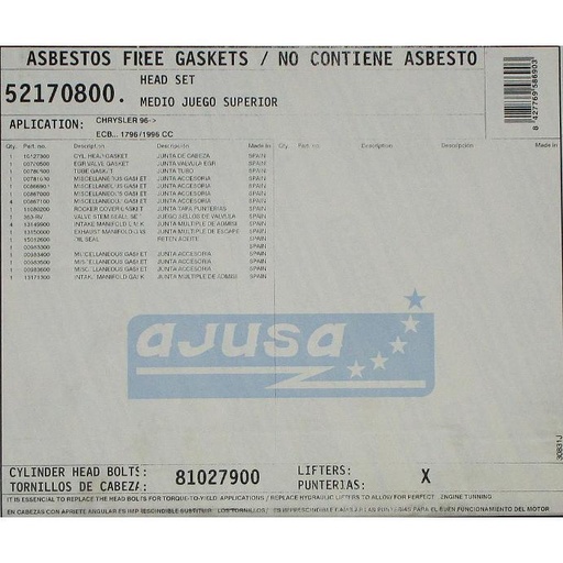 [AJUSA52170800HS] 1996-> Chrysler ECB... 1796 / 14996 CC Engine Cylinder Head Gasket Compatible With : 1994-1997 Chrysler Cirrus, 1994-1999  Dodge Neon L4, 2.0L / 122 SOHC 16 Valves