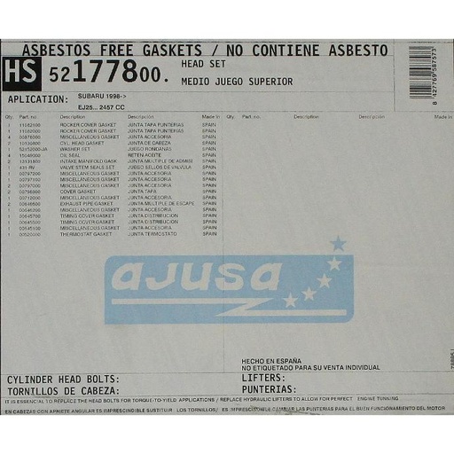 [AJUSA52177800HS] 1998-> Subaru EJ25... 2457 CC Engine Cylinder Head Compatible With : 1996-1999 Subaru Forester, Impreza, Legacy H4, 2.5L / 2458 DOHC 16 Val;ve