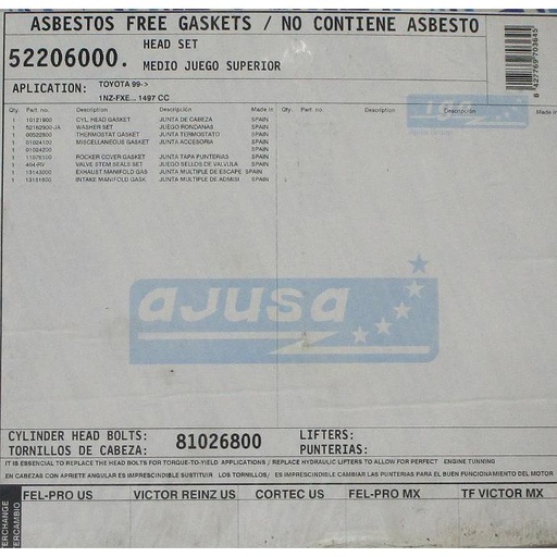 [AJUSA52206000HG] 1999-> Toyota 1NZ-FXE... 1497 CC Engine Cylinder Head Gasket Compatible with : 2001-2009 Toyota Prius 1.5L / 1497 CC DOHC 16 Valves